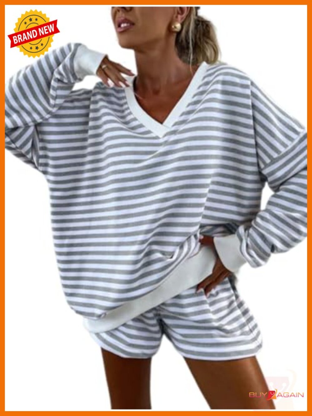 Women's 2 Piece Lounge Set Striped Long Sleeve V Neck Sweatshirt and Shorts